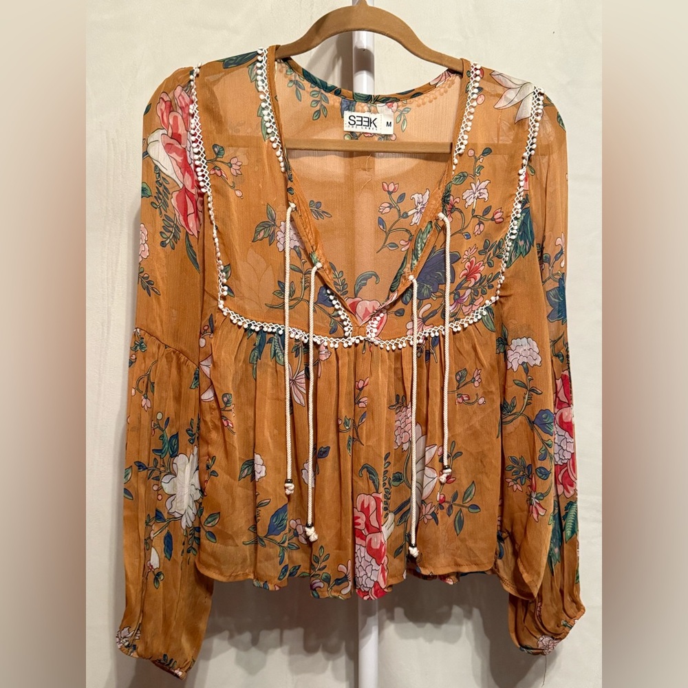 Seek The Label Mustard Floral Sheer Boho Peasant Blouse Medium